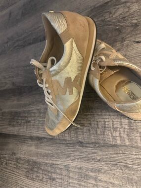 Michael Kors Taupe and Metallic Gold MK Logo Sneakers